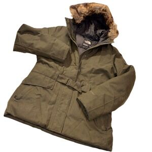 The North Face Jacket Olive Womens MEDIUM Hyvent Goose Down Parka Faux Fur...